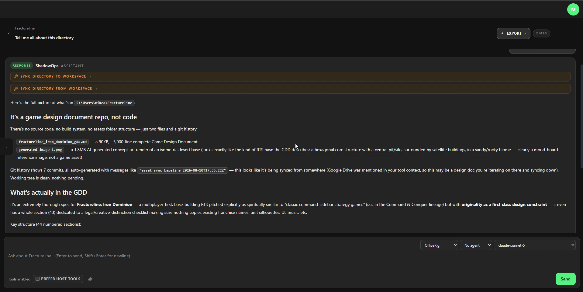 A real ShadowOps agent response, reading a repository and explaining what it found