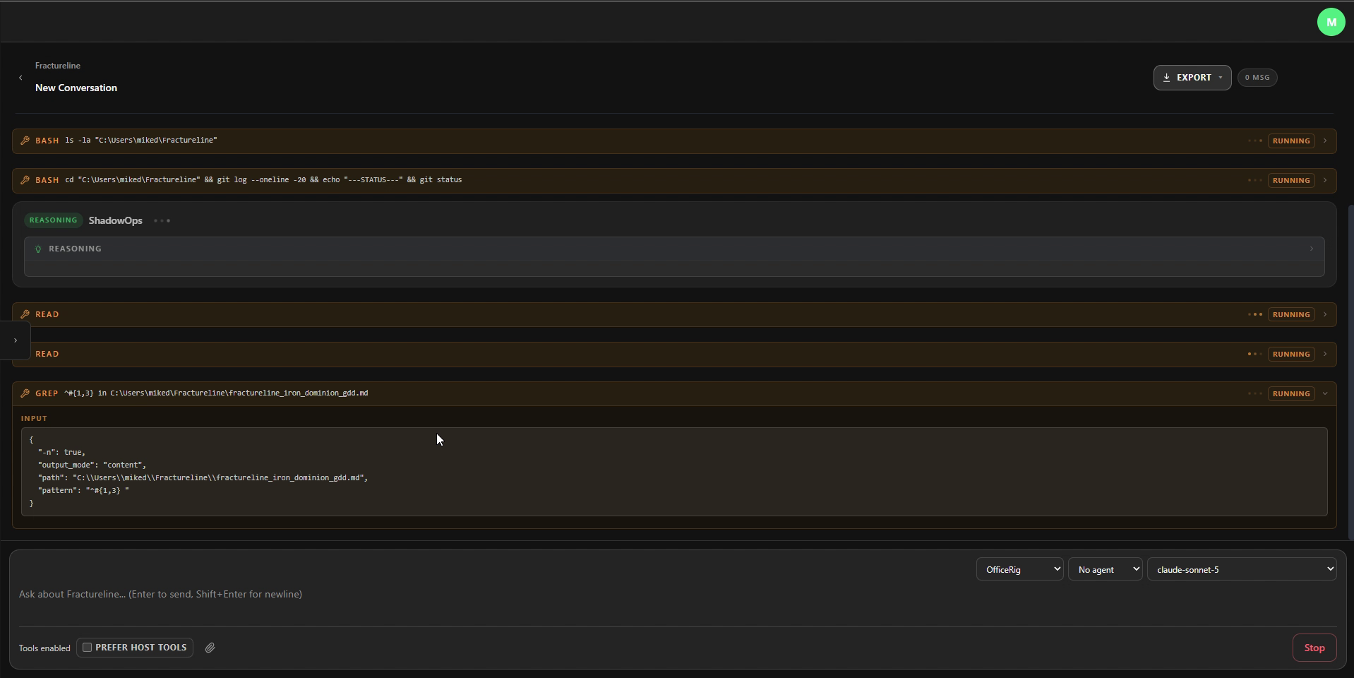 ShadowOps agent reading files, running bash, and grepping a repository